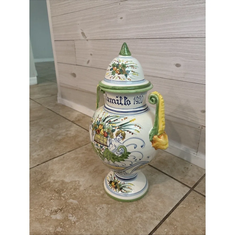Vintage Di Camillo Biscotti 1920 Italy Hand Painted Majolica Ceramic Lidded Urn